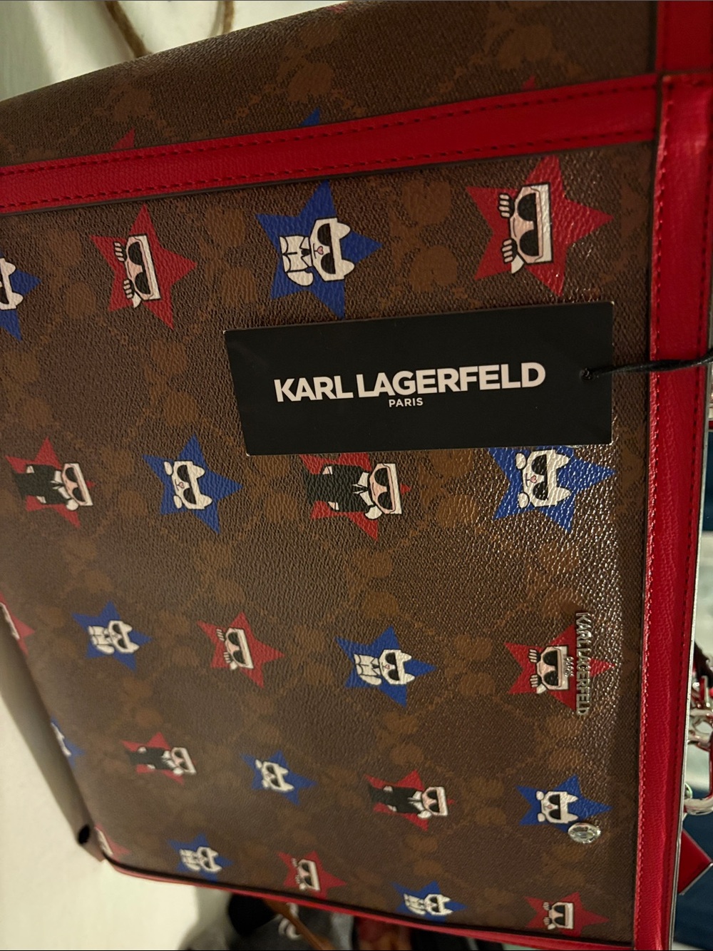 Karl Lagerfeld Brown Coated Canvas Tote with Red and Blue Star Motif